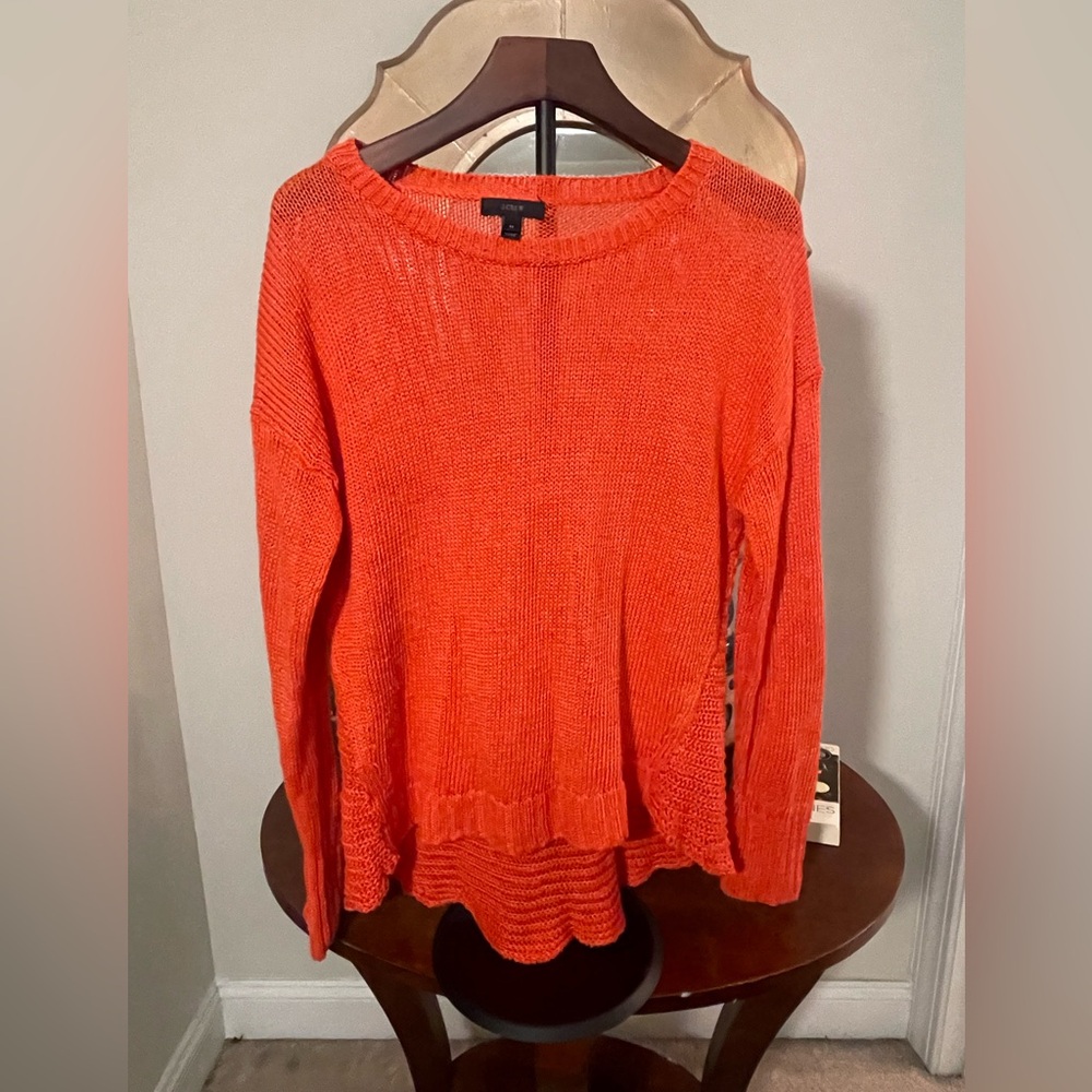 J. Crew Vibrant Orange Knit Linen Sweater High Lo Preppy Colorful 🧡